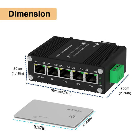 Rugged Beefed-Up 5 Port Gigabit PoE Switch With 802.3at, RJ45 Ethernet Ports, dimensions shown with 90mm width and 30mm height.