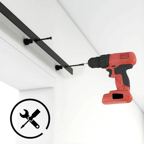 Close-up of installing 5.5Ft Sliding Barn Door Hardware Kit for Single Wood Panel, using a drill, fits 33In wide doors