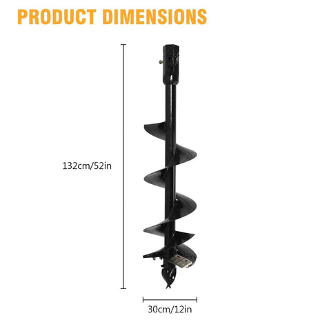 12 Inch By 52 Inch Spiral Excavator Auger With 2 Inch Hex Connection, product dimensions highlighted