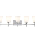 Five Light Chrome Bathroom Vanity Light Fixture With Etched White Glass Shade 33 And A Half Inch Wide Sleek Transitional Design For Above Mirror And Vanity UL Listed