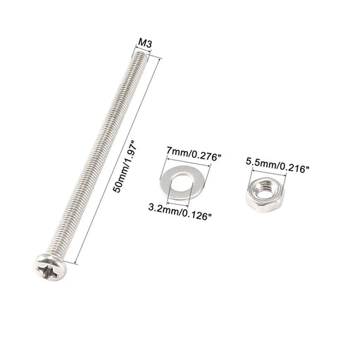 DIY Ready Pan Head Screw Bolt Nut Washer Kit M3 Set With 20 Full Sets For Batch Assembly Ideal For Quick Fixes Unified M3 Threads Multiple Length Options Integrated Matching Parts In One Color, M3 x 50mm steel screw with washer and nut