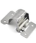 Close-up of stainless steel torque built-in hinge with mounting plates for cabinet doors.