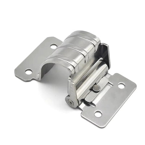 Close-up of stainless steel torque built-in hinge with mounting plates for cabinet doors.