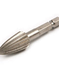 Five Piece 1/4 Inch Hex Shank High Speed Steel Rotary Burr File Set for clean wood carving, showing a detailed carbide cutter.