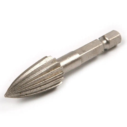 Five Piece 1/4 Inch Hex Shank High Speed Steel Rotary Burr File Set for clean wood carving, showing a detailed carbide cutter.