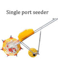 Three Mouth Garden Push Corn Seeder Planter Portable Hand Push Seeder equipment with yellow frame and spiked wheel design