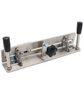 Rock Solid Knife Jig For Belt Grinder Sharpening With Double Arm Grip And Rust Proof Stainless Steel Build To Nail Edge Angles Every Time On Any Belt Sander Or Belt Machine For Fast Blade Prep Ready, showing dual grip design.