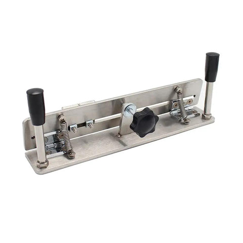 Rock Solid Knife Jig For Belt Grinder Sharpening With Double Arm Grip And Rust Proof Stainless Steel Build To Nail Edge Angles Every Time On Any Belt Sander Or Belt Machine For Fast Blade Prep Ready, showing dual grip design.