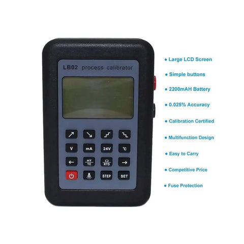 All In One Resistance, Current And Voltage Meter With LCD Display showing buttons and features list including battery life and accuracy