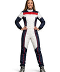 Go Kart Racing Suit Water Resistant Digital Printed Breathable Fabric One Piece for Adults Youth and Kids, frontal view.