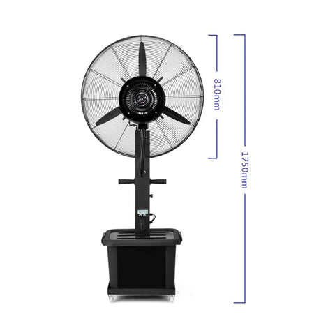 Built Tough Industrial Floor Misting Fan With Auto Swivel wide mist spray showing front view, height 1750mm for outdoor use.