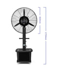 Top Shelf Heavy Duty Industrial Spray Floor Fan Blasting Cool Water Mist Auto Rotating Design with large fan head and sturdy base.