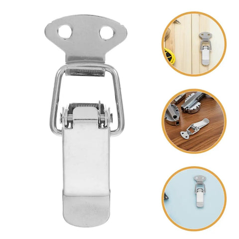 Stainless Steel Spring Toggle Lock Latches For Tool Box And Cabinet Doors With Smooth Action Silver hardware fastener, close-up view.