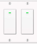 Smart WiFi Light Switches 2 Gang Pack With Remote Control Scheduling No Hub Needed Neutral Wire Required Works With Google Home And Voice Control 2 Pack, close-up image of a white two-gang switch with green indicators.