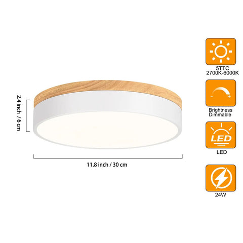 Dimmable Wood Flush Mount Ceiling Light With Round Minimalist Design Five Color Temperatures 2700K To 6000K, LED specs shown.
