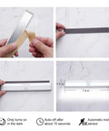 Installation process of LED Bars Motion Sensor Closet Lights Battery Powered Stick On Wireless Cordless Light For Hallways, Kitchens And Stairs Two Pack With Auto On Within Ten Feet showing dimensions and sensor details.