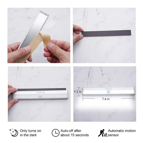 Installation process of LED Bars Motion Sensor Closet Lights Battery Powered Stick On Wireless Cordless Light For Hallways, Kitchens And Stairs Two Pack With Auto On Within Ten Feet showing dimensions and sensor details.