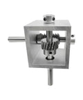 Front view of PGFUN 5:1 right-angle worm gearbox in aluminum frame; left input shaft and bottom output shaft visible