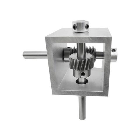 Front view of PGFUN 5:1 right-angle worm gearbox in aluminum frame; left input shaft and bottom output shaft visible