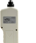 Handheld Portable LED Digital Vibration Meter Vibrometer For Acceleration Velocity And Displacement, High Sensitivity Probe With Go To Frequency Selection And Real Time Readout For Machinery Maintenance And Diagnostics. beige plastic handheld vibrometer with probe tip and wrist strap