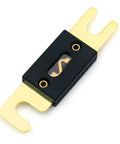 Front view of Beefy 70 Amp ANL Fuse Holder Kit With Three Fuses For Car Audio And 12V To 24V Systems, gold finish, heat resistant.