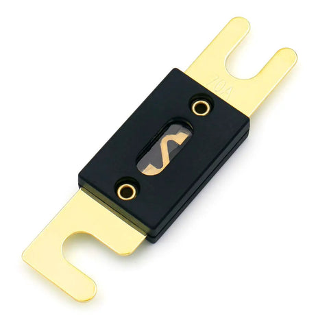 Front view of Beefy 70 Amp ANL Fuse Holder Kit With Three Fuses For Car Audio And 12V To 24V Systems, gold finish, heat resistant.