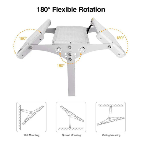 180° rotation feature of Beastly Bright 300W LED Flood Light With 24000 Lumens Outdoor Security Lighting, showing wall, ground, and ceiling mounts.