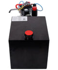 Heavy Duty 12 Volt Hydraulic Power Unit With 6 Quart Steel Tank And 3HP Pump showing black steel oil tank and motor connections.