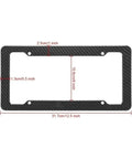 Legit Carbon Fiber License Plate Frame Set dimensions shown with a carbon fiber look, 31.7cm x 10.6cm size, impact resistant design.