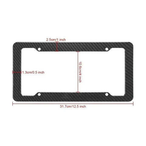 Legit Carbon Fiber License Plate Frame Set dimensions shown with a carbon fiber look, 31.7cm x 10.6cm size, impact resistant design.