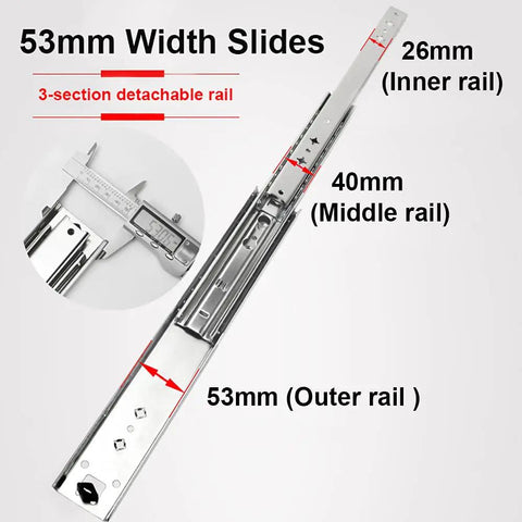 53mm width slides detail showing 22 Inch Heavy Duty Drawer Slides 250 Lb Full Extension Side Mount Ball Bearing Rails 1 Pair