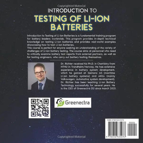 Back cover of Li Ion Battery Testing Workbook Dead Simple Handbook For Automotive Techs And Engineering Students featuring author info and QR code.