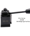 250-000 tool post from Wedge Type Quick Change Tool Post Kit For Mini Lathe 6-9 Inch, 11-Piece Set with lever, black color.