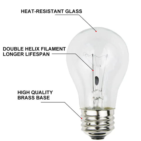 Four Pack A15 Oven Bulbs 40W 120V With E26 Base 2700K Warm White 330 Lumens High Temp Ready Up To 572F Perfect For Ovens Refrigerators Lava Lamps And Pendant Lights with heat-resistant glass and brass base