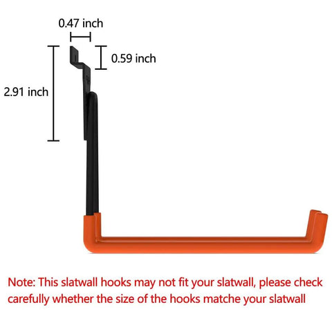 Heavy Duty Slatwall Hooks Set 12 Pack For Garage Storage Utility Hooks dimensions and size details with orange coating