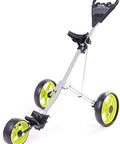 Featherweight 3 Wheel Golf Push Cart Quick Fold Trolley With Flat Free Eva Wheels Compact Durable Club Caddy With Self Parking Brake Yellow side view showing three yellow EVA wheels and quick fold mechanism.
