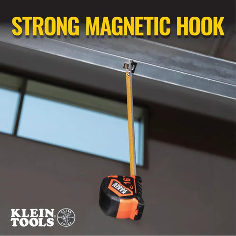 Rugged 16 Foot Tape Measure With Double Hook Double Sided Nylon Reinforced Blade And Metal Belt Clip hanging from metal beam