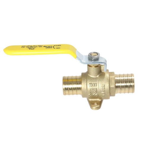 Five Pack 1 Inch PEX Shut Off Ball Valve With Drop Ear Full Port Lead Free Brass, Compatible With All PEX Tubing Brands, ANSI NSF 61 ASSE 1061 Certified For Potable Water And Hydronic Heating, 400 PSI, Underground Ready brass valve with yellow handle