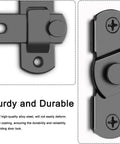 Two Pack Barn Door Lock With 180 Degree Flip For Privacy, black steel, rust-resistant, close-up view of latch mechanism