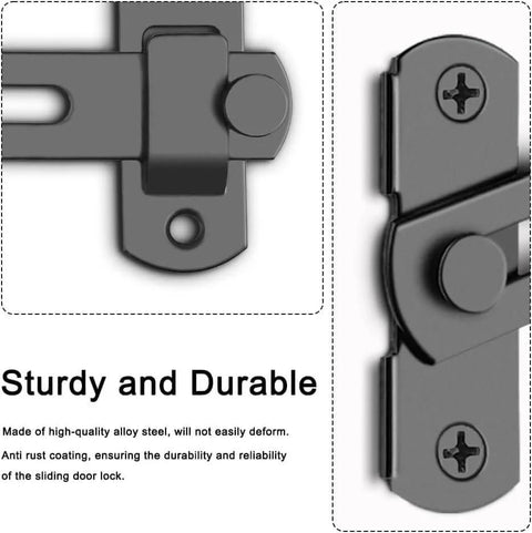 Two Pack Barn Door Lock With 180 Degree Flip For Privacy, black steel, rust-resistant, close-up view of latch mechanism