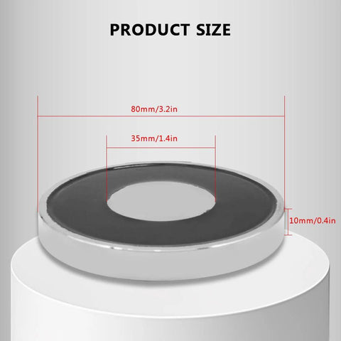 Round electric magnet, 80x10 mm, 12V lifting electromagnet with silver housing and black face.