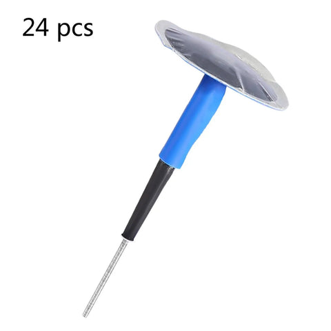 Slash Those Flat Tires Without The Headache With This Sick 24 Piece Universal Tubeless Tire Puncture Repair Kit Featuring Heavy Duty Rubber Mushroom Plug Patch Gum For Cars Motorcycles And EVs Straight To Safe Riding, showing blue mushroom plug.