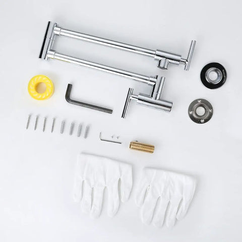 Chrome Pot Filler Faucet With Solid Brass Build, Wall Mounted Over Stove, 360 Degree Swing Arm, installation kit visible