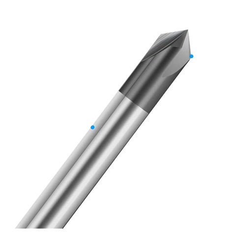 Boss Level 90 Degree V Groove Router Bit Featuring Four Heavy Duty Carbide Flutes, showcasing a sharp tip for precise engraving.