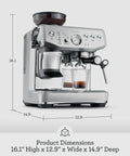 Home Barista Game Changer Smart Bean To Cup Espresso Machine With Intelligent Auto Dosing and Powerful Steam Wand For Dope Microfoam and Smooth Daily Sips In Damson Blue, front view with measurements.