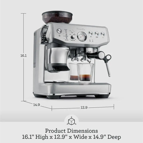 Home Barista Game Changer Smart Bean To Cup Espresso Machine With Intelligent Auto Dosing and Powerful Steam Wand For Dope Microfoam and Smooth Daily Sips In Damson Blue, front view with measurements.