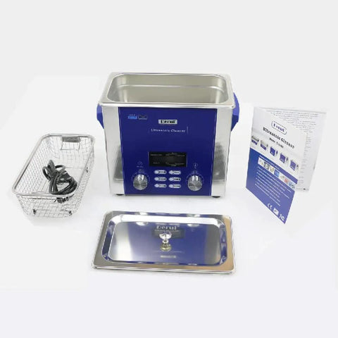3 Liter Ultrasonic Jewelry Cleaner With Degas Sweep And Power Adjustment For Circuit Boards Rings Eyeglasses Dentures Coins And PCB Parts Pro Grade Ultrasonic Cleaning Machine For Home Or Workshop, with basket, cover, and controls visible.