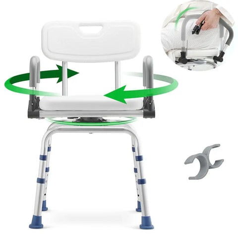 Swivel Shower Chair With Drop Arms And Back For Inside Showers, 360 Degree Rotating Bath Seat, Non Slip Armrests, Aluminum
