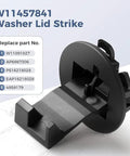Front view of two-pack W11457841 washer lid strike in black plastic; replacement part for Whirlpool/Maytag washers
