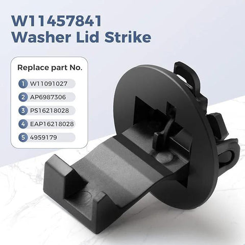 Front view of two-pack W11457841 washer lid strike in black plastic; replacement part for Whirlpool/Maytag washers